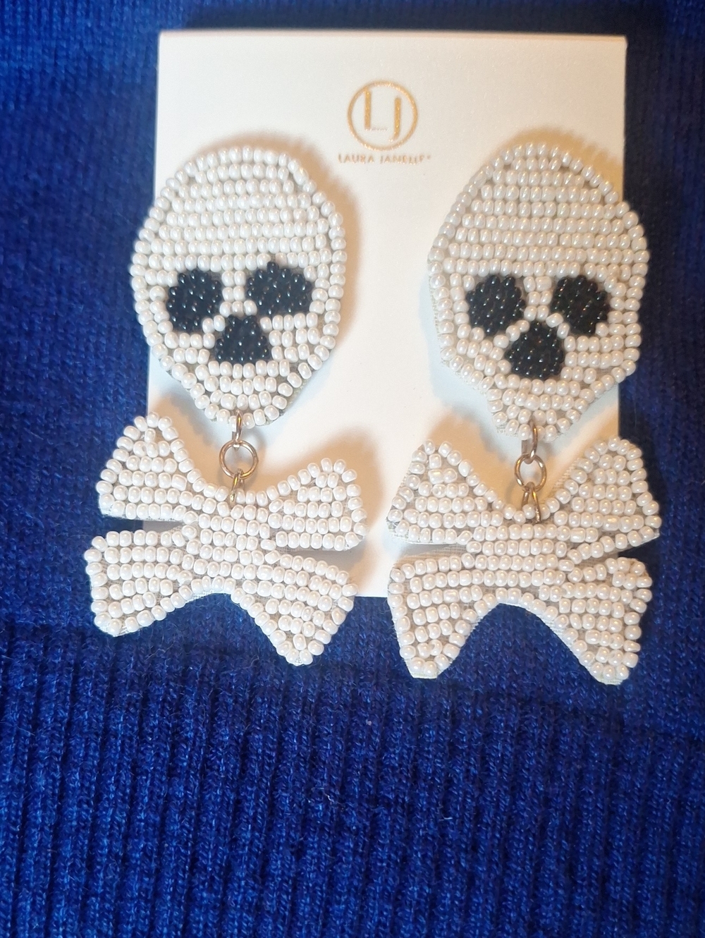 White Beaded Skull and Cross Bone Drop Earrings